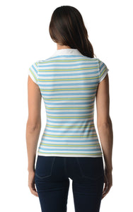 Women's Cap Sleeve Jersey Stripe Collar V Tee