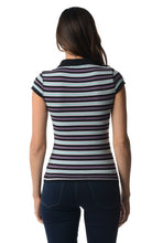 Women's Cap Sleeve Jersey Stripe Collar V Tee