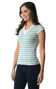 Women's Cap Sleeve Jersey Stripe Collar V Tee