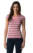 Women's Cap Sleeve Jersey Stripe Collar V Tee