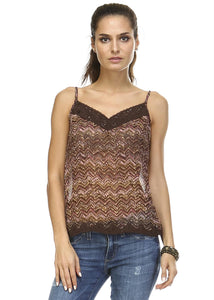 Women's Printed Lurex Chiffon with Lace Trim Tank