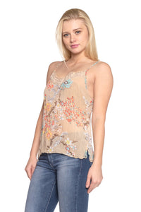 Women's Printed Lurex Chiffon with Lace Trim Tank