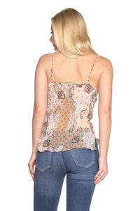 Women's Printed Lurex Chiffon with Lace Trim Tank