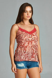 Women's Printed Lurex Chiffon with Lace Trim Tank