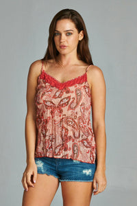 Women's Printed Lurex Chiffon with Lace Trim Tank