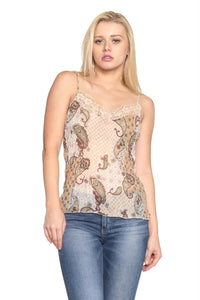 Women's Printed Lurex Chiffon with Lace Trim Tank