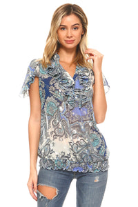 Women's Printed Chiffon Smocked Waist Ruffle Top