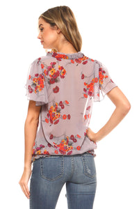 Women's Printed Chiffon Smocked Waist Ruffle Top