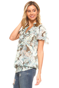 Women's Printed Chiffon Smocked Waist Ruffle Top