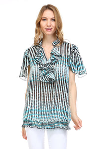 Women's Printed Chiffon Smocked Waist Ruffle Top