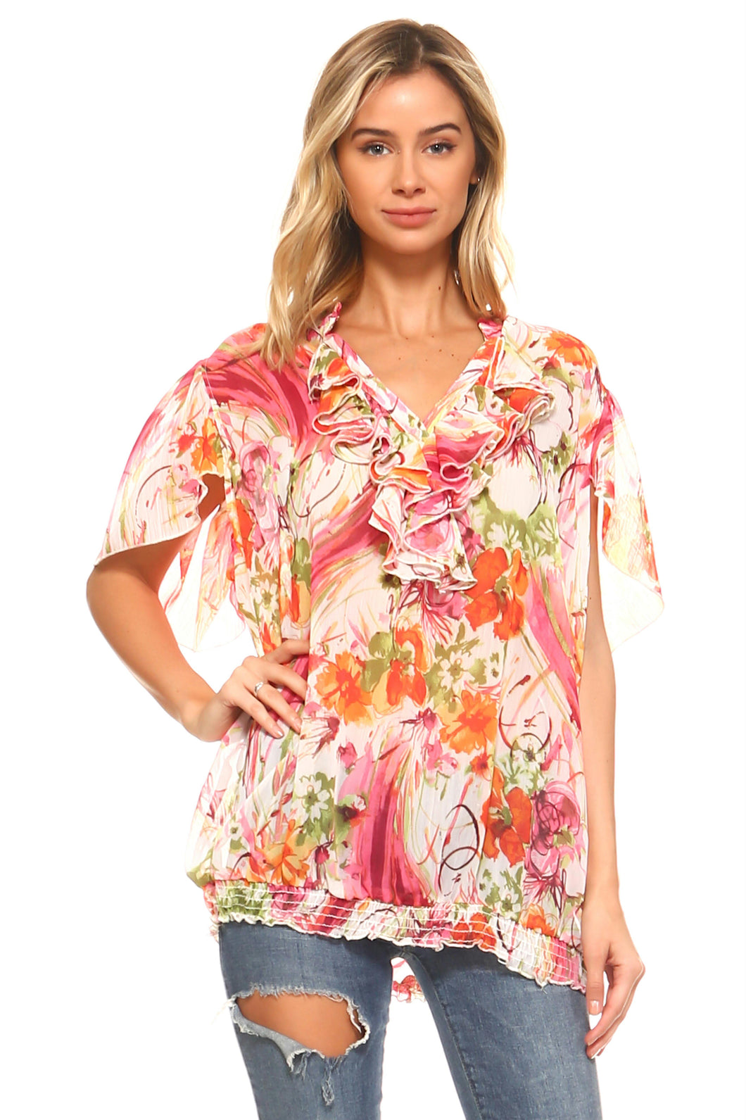 Women's Printed Chiffon Smocked Waist Ruffle Top