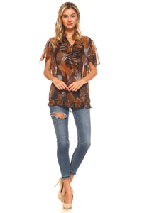 Women's Printed Chiffon Smocked Waist Ruffle Top