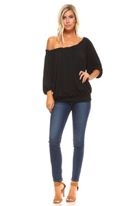 Women's 3/4 Three Quarter Sleeve Peasant Top with Elastic Neckline