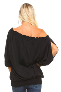 Women's 3/4 Three Quarter Sleeve Peasant Top with Elastic Neckline