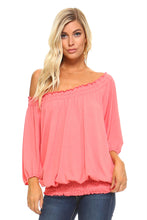 Women's 3/4 Three Quarter Sleeve Peasant Top with Elastic Neckline