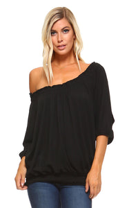 Women's 3/4 Three Quarter Sleeve Peasant Top with Elastic Neckline