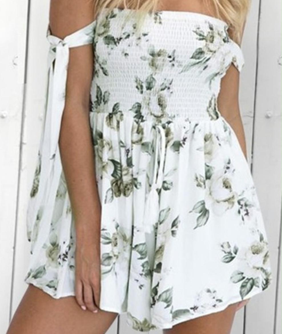 Women's Off Shoulder Smocked Floral Tie Romper