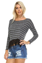 Women's Long Sleeve Stripe Hatchi Top with Crochet Front Hem