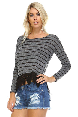 Women's Long Sleeve Stripe Hatchi Top with Crochet Front Hem