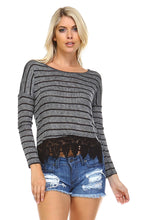 Women's Long Sleeve Stripe Hatchi Top with Crochet Front Hem