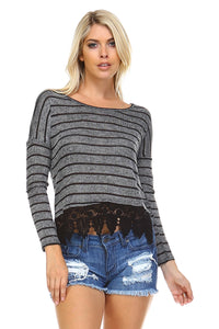 Women's Long Sleeve Stripe Hatchi Top with Crochet Front Hem