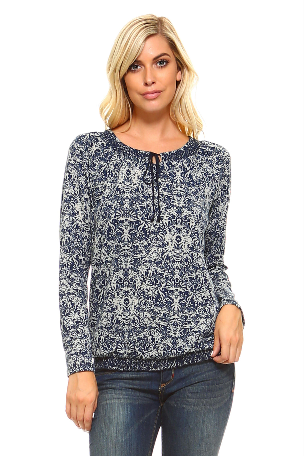 Women's Long Sleeve Navy Printed Peasant Top