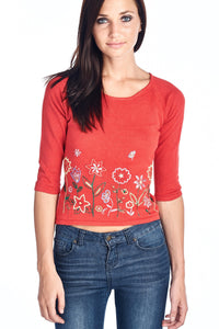 Women's Floral Embroidered Tie-Back Crop Sweater