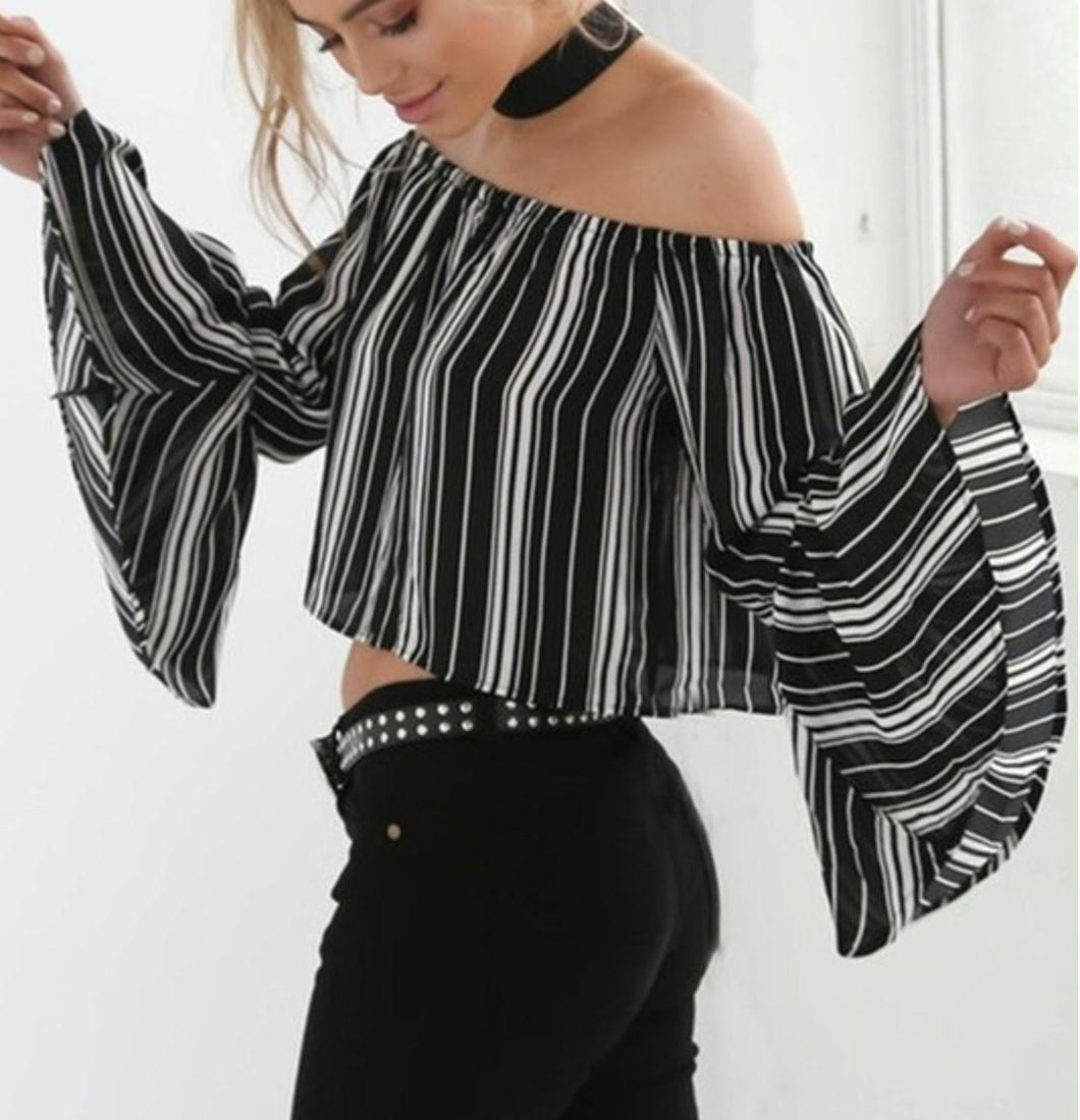 Women's Off Shoulder Casual Stripe Bell Sleeve Top