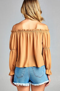 Women's Puff Long Sleeve Ruffled Front Tie Off Shoulder Top