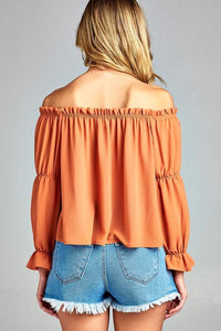 Women's Puff Long Sleeve Ruffled Front Tie Off Shoulder Top