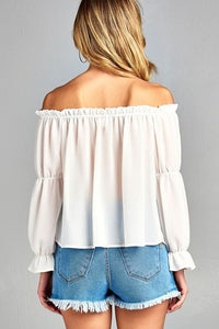 Women's Puff Long Sleeve Ruffled Front Tie Off Shoulder Top