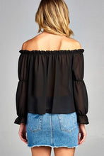 Women's Puff Long Sleeve Ruffled Front Tie Off Shoulder Top