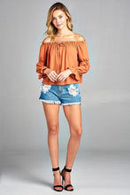 Women's Puff Long Sleeve Ruffled Front Tie Off Shoulder Top