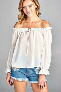 Women's Puff Long Sleeve Ruffled Front Tie Off Shoulder Top