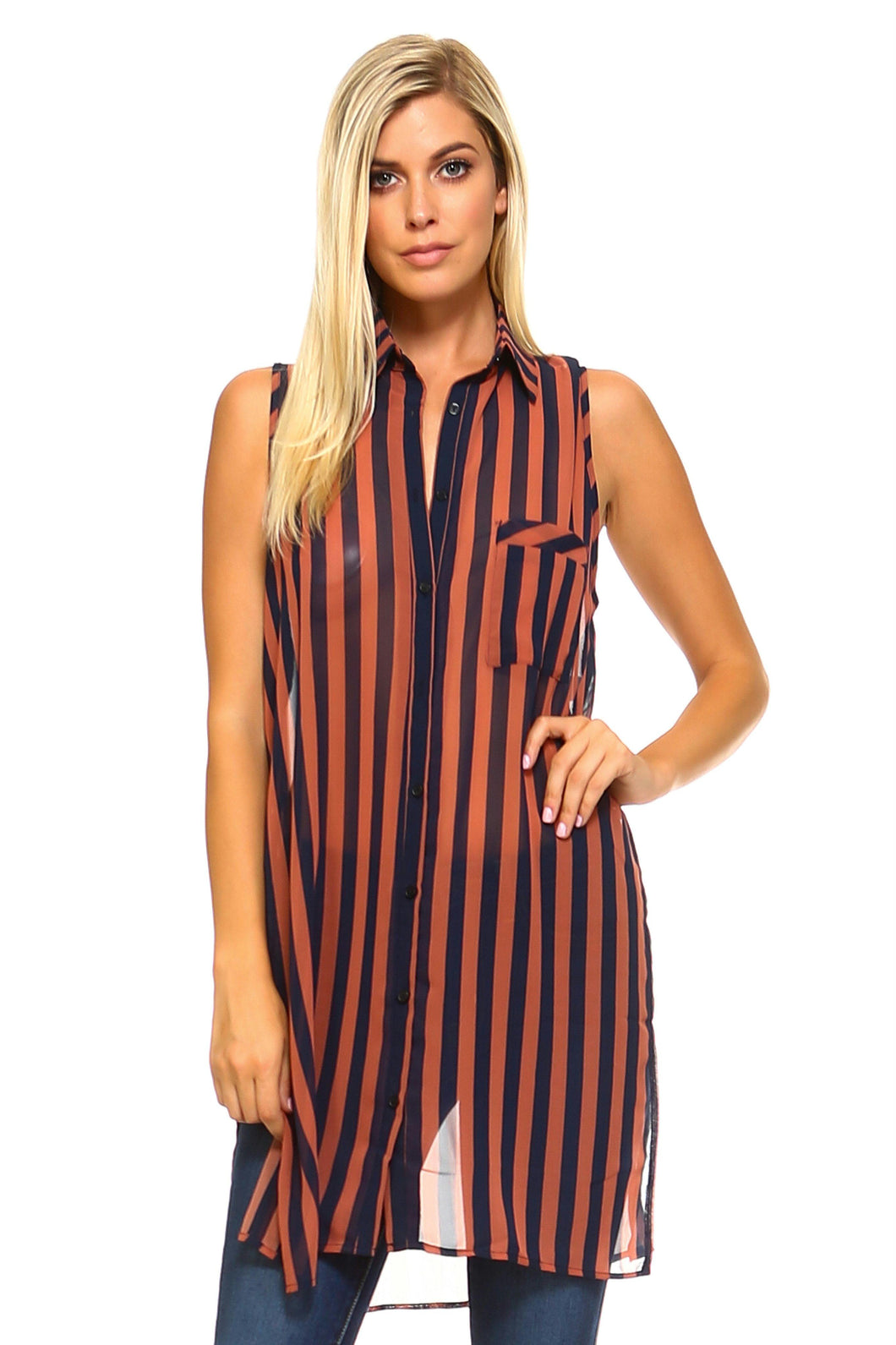 Women's Long Sheer Sleeveless Stripe Blouse