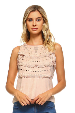 Women's Suede Fringe Laser Cut Tank Top