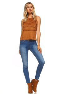 Women's Suede Fringe Laser Cut Tank Top