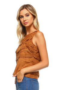 Women's Suede Fringe Laser Cut Tank Top