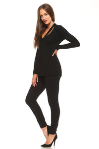 Women's Long Sleeve V-Neck Tie Top