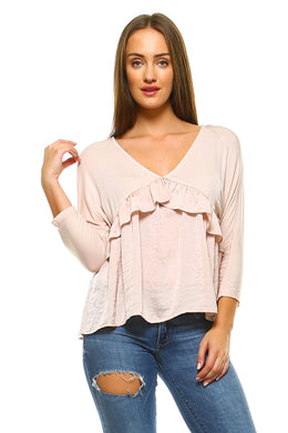 Women's 3/4 Three Quarter Sleeve Ruffled V-neck Top