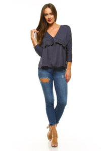 Women's 3/4 Three Quarter Sleeve Ruffled V-neck Top