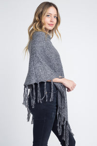 Women's V-Shaped Fringe Poncho with Buttons