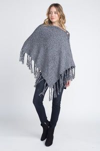 Women's V-Shaped Fringe Poncho with Buttons