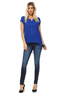 Women's Short Sleeve Button Up Hi-Low Top