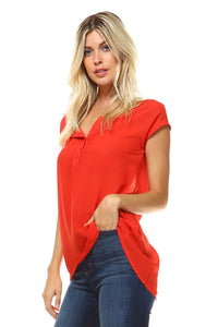 Women's Short Sleeve Button Up Hi-Low Top