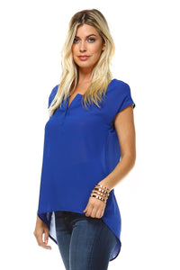 Women's Short Sleeve Button Up Hi-Low Top