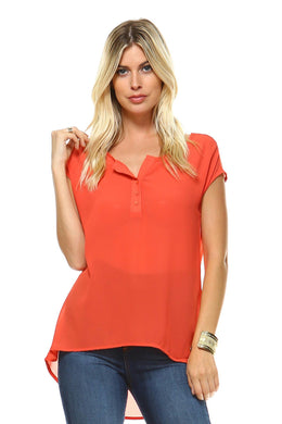 Women's Short Sleeve Button Up Hi-Low Top