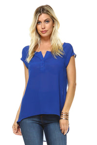 Women's Short Sleeve Button Up Hi-Low Top