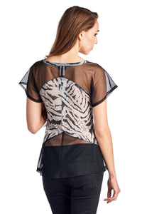 Women's Animal Print Burnout Mesh V-Neck Top