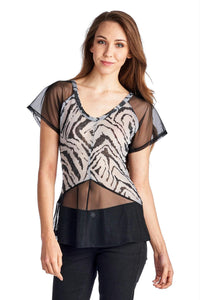 Women's Animal Print Burnout Mesh V-Neck Top